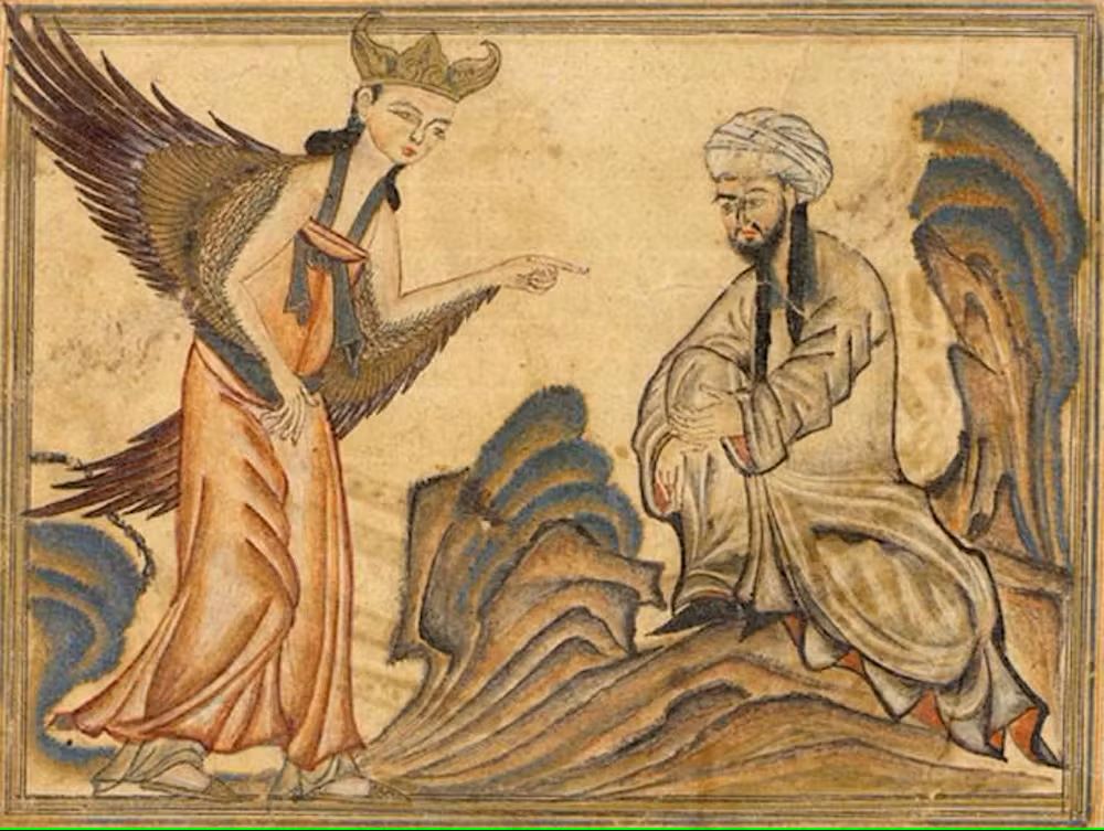 Muhammad nhận được sự mặc khải đầu tiên từ thiên thần Gabriel. Xuất bản ở Tabriz, Ba Tư, 1307 sau công nguyên. Ảnh Wikimedia